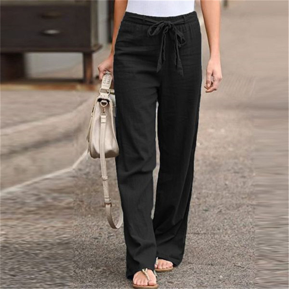 Women's Summer Cotton Wide-Leg Pants with Elastic Waist Solid Color Loose Fit