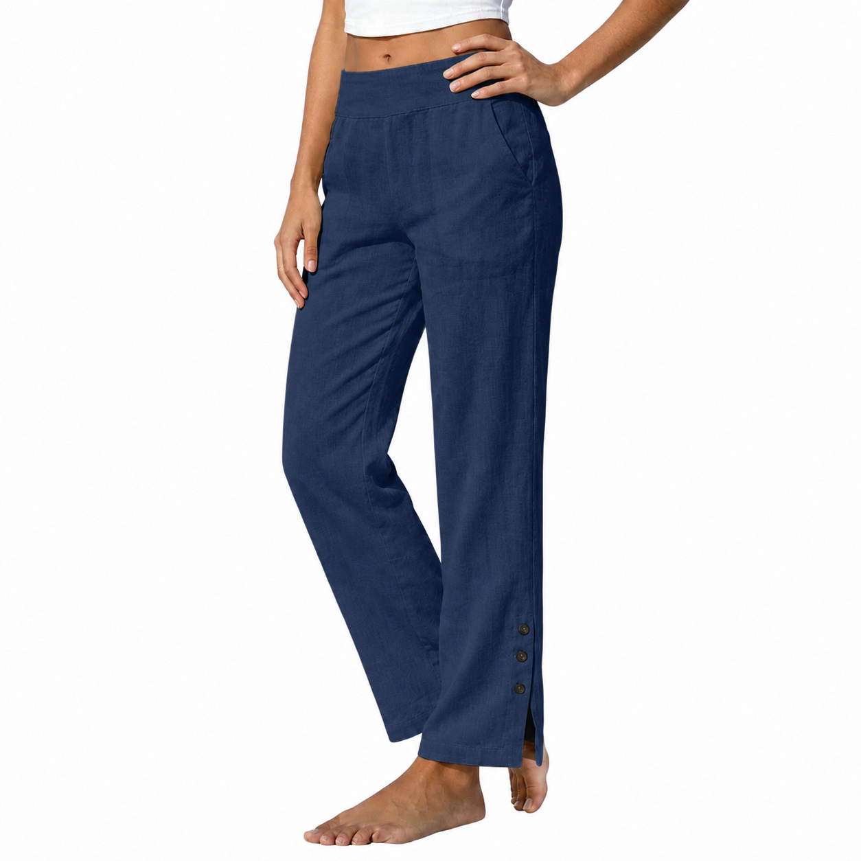 Women's Cotton Linen High Waist Wide Leg Pants with Side Slit Buttons