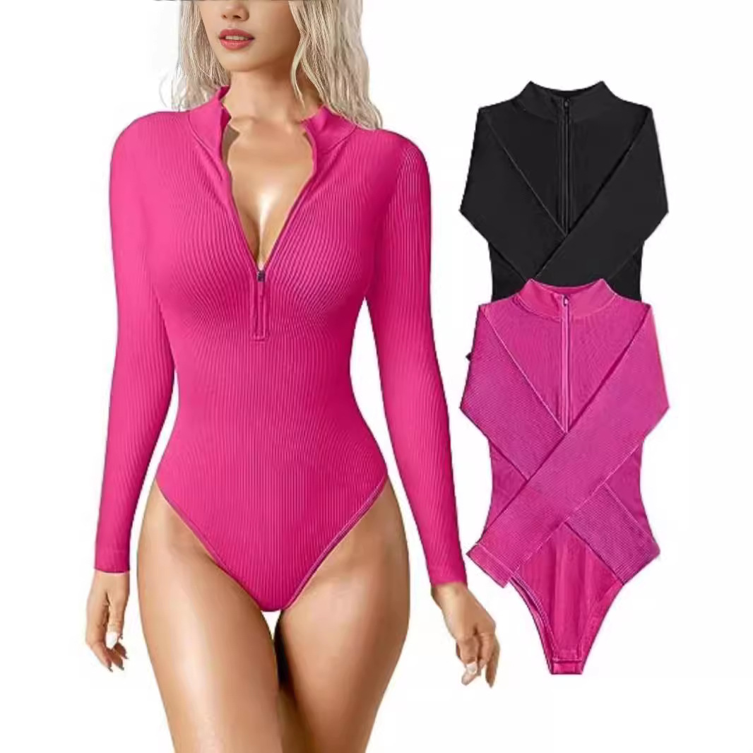 Women's Ribbed Long Sleeve Front Zip Bodysuit