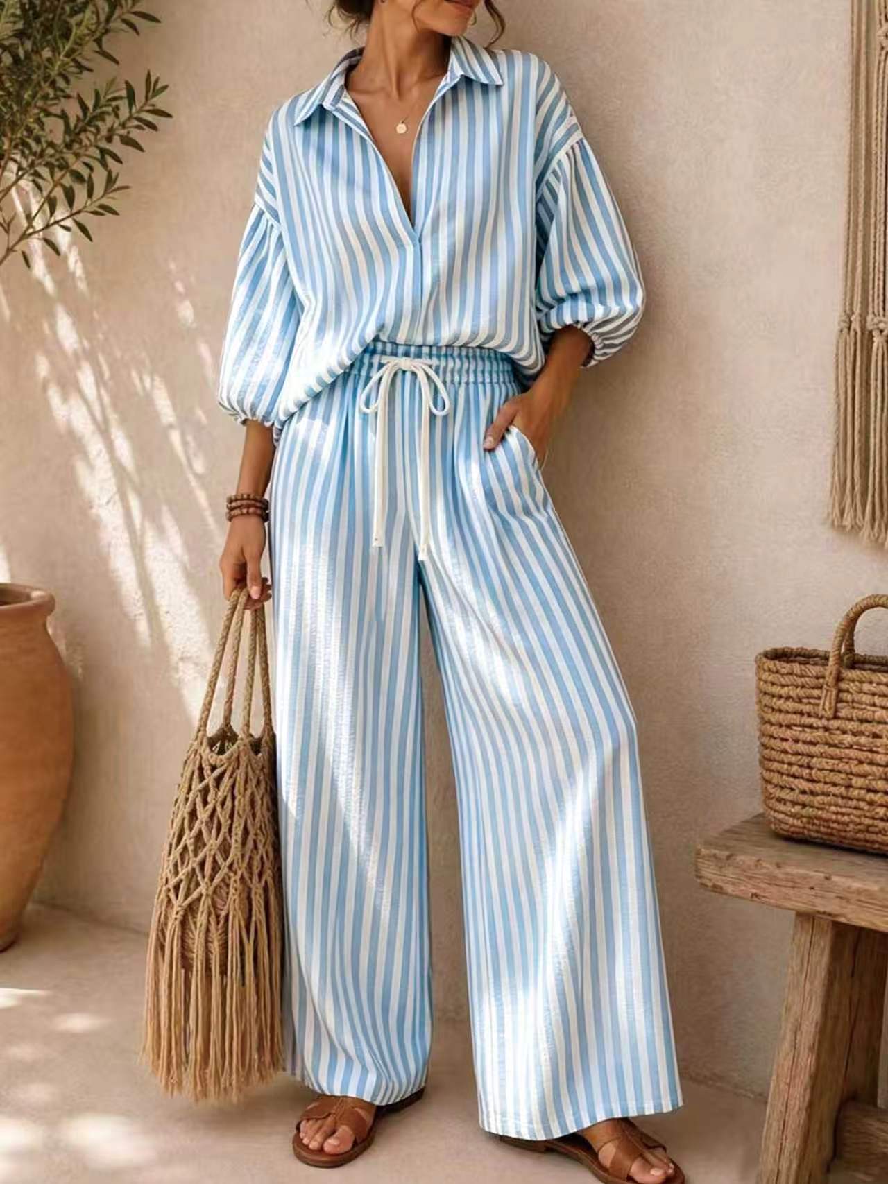 Striped Long Sleeve Shirt and Loose Pants Two-Piece Set