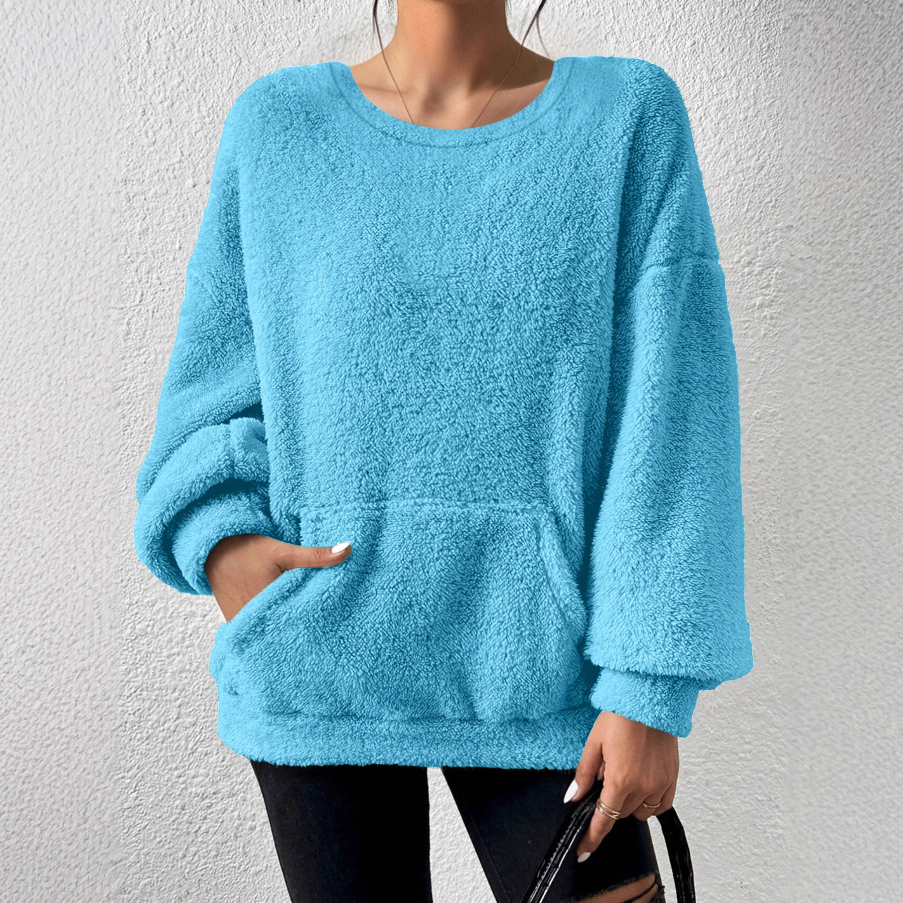 Solid Crewneck Long-Sleeve Pocket Pullover Sweatshirt