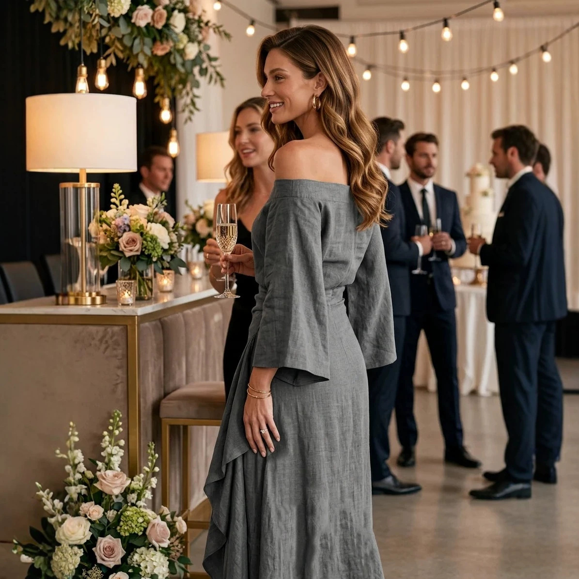 French Off-Shoulder Linen-Blend Maxi Dress with Ruffles and Asymmetric Hem