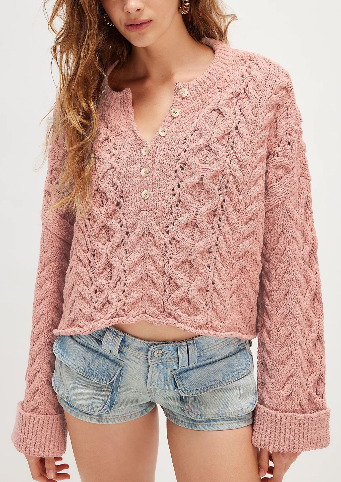 Cable-Knit Button-Trim Pullover Sweater
