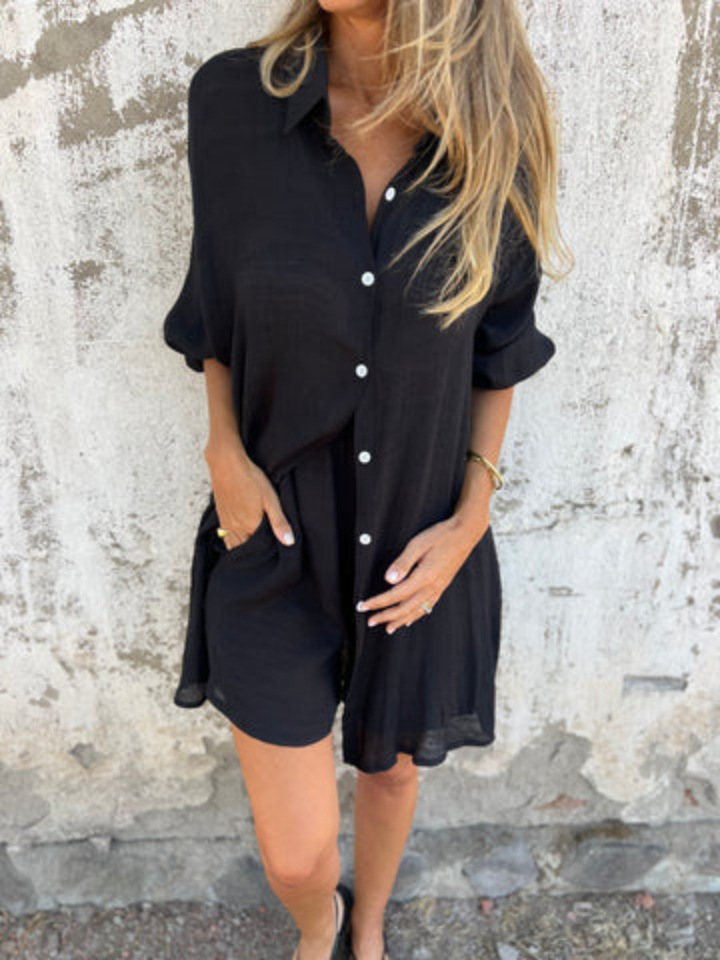 Women's Printed Long-Sleeve Collared Shirt and Shorts Set