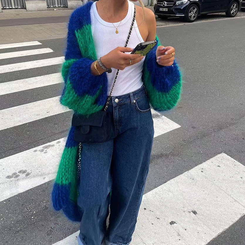 Color-Block Striped Knit Long Cardigan Sweater Coat