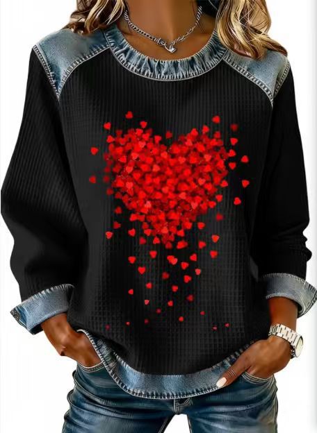 Women's Heart Print Crewneck Sweatshirt Casual Pullover