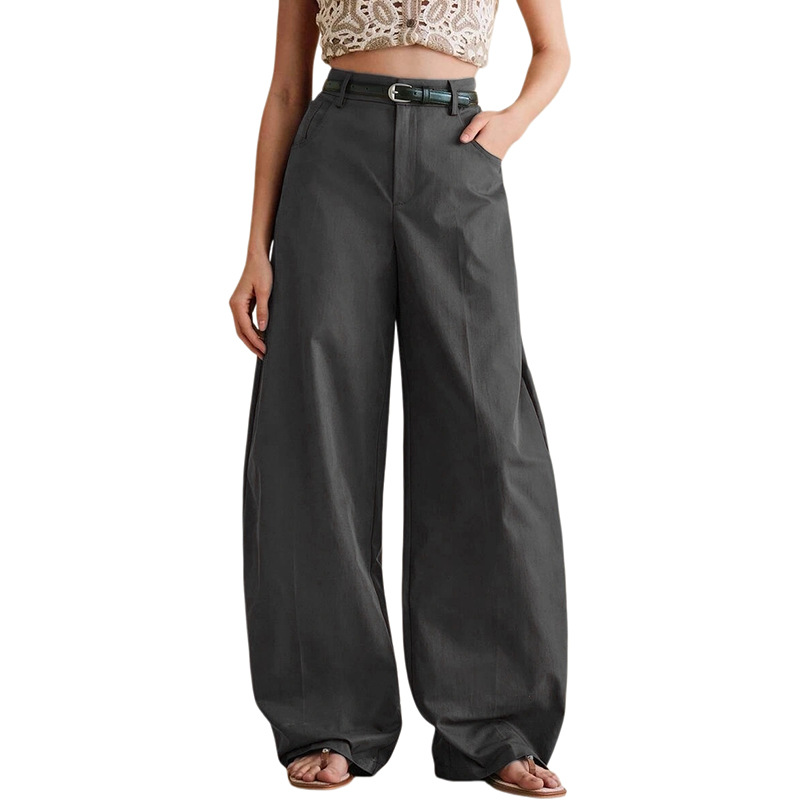 Women's Solid Curved Wide-Leg Pants Loose Straight Casual Trousers