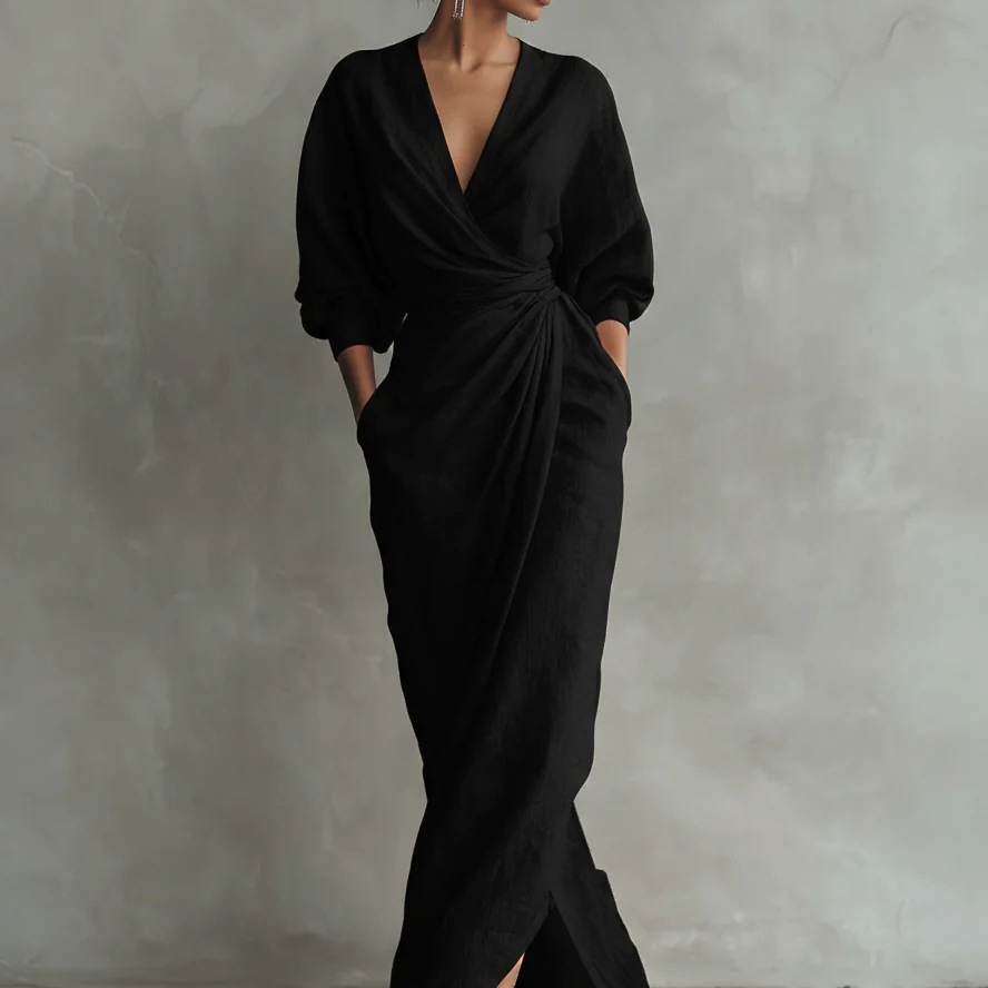 V-Neck Solid Linen-Blend Loose A-Line Midi Dress