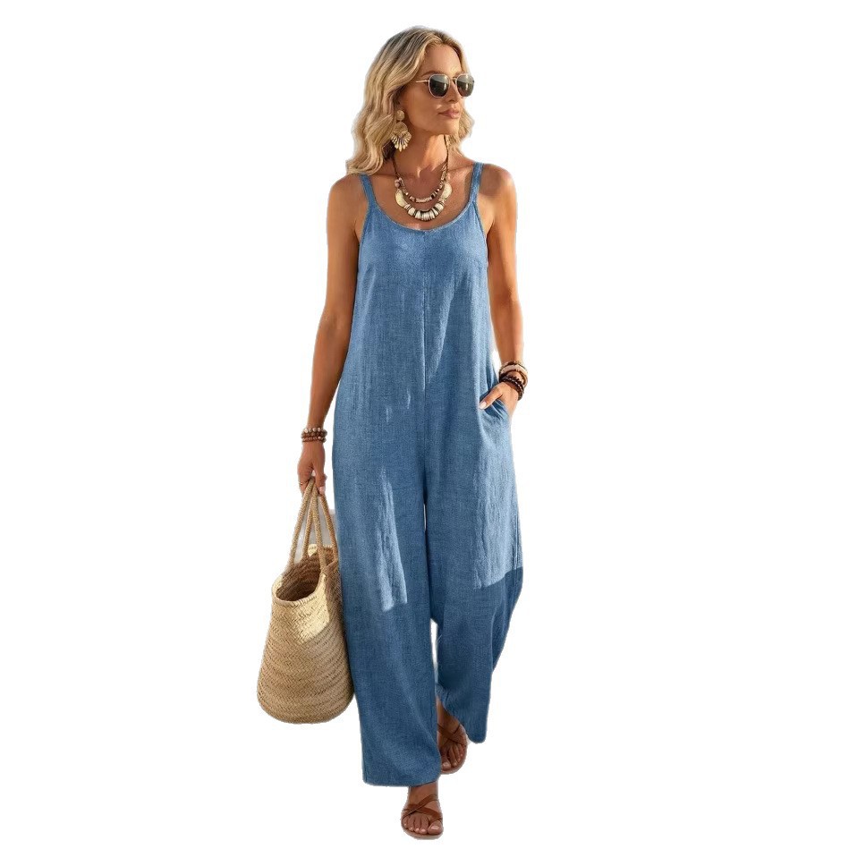 Women's Summer Sleeveless Solid Color Wide-Leg Jumpsuit