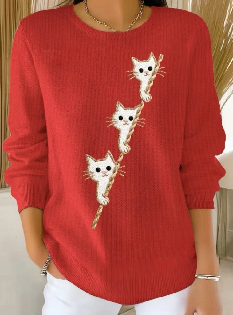 Women's Cat Ladder Print Crewneck Sweatshirt