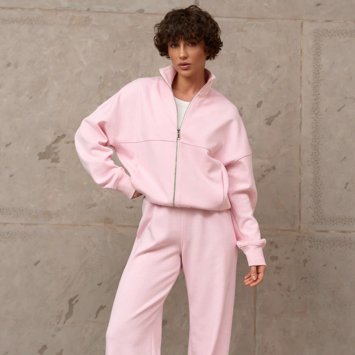 Stand Collar Zip Hoodie & Wide-Leg Sweatpants Set