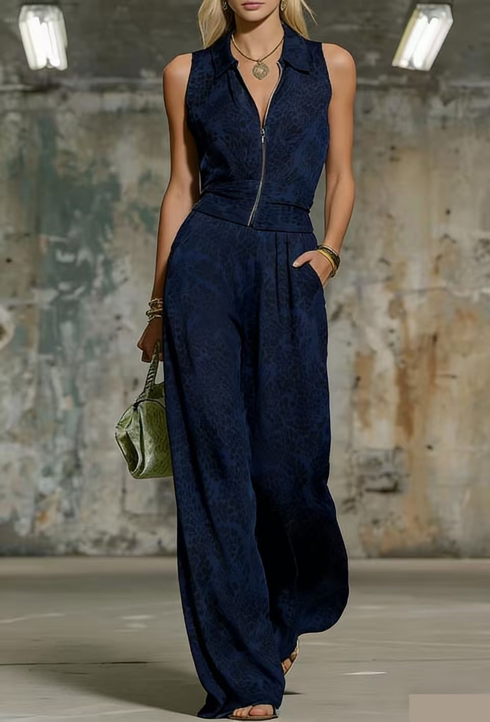 Retro Elegant Leopard Print Lapel Sleeveless Chiffon Top and Wide-Leg Pants Set