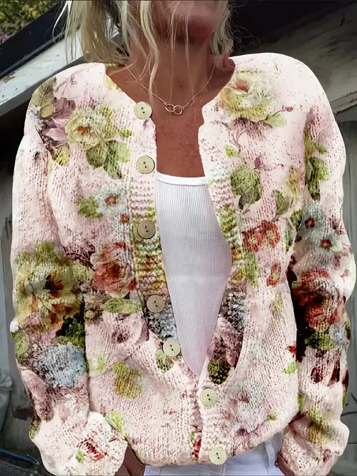 Women's Floral Print Long Sleeve Crew Neck Pullover Sweater