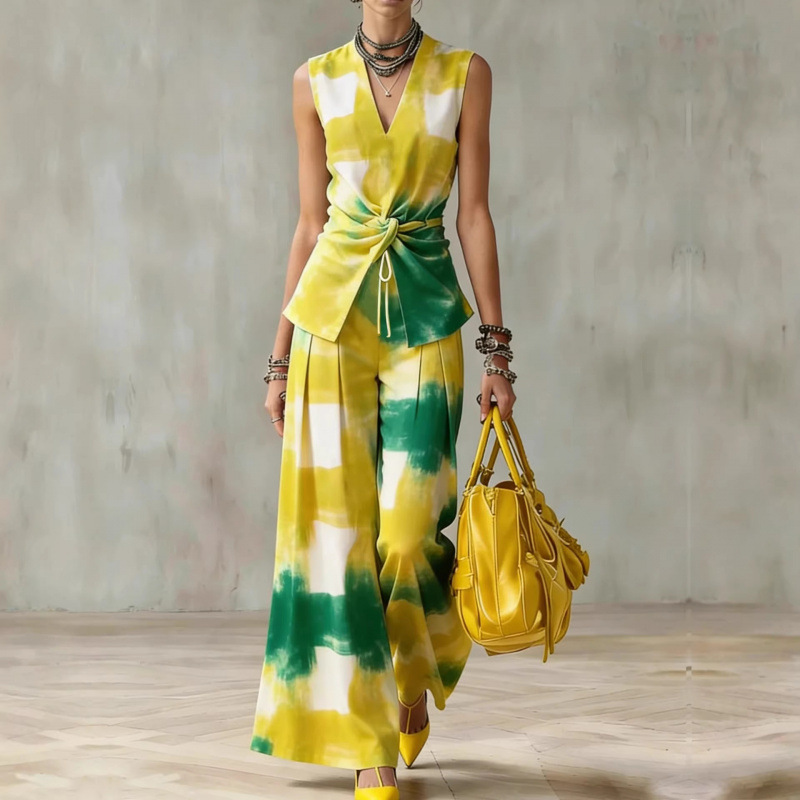 V-Neck Twist Sleeveless Top and Wide-Leg Pants Two-Piece Set