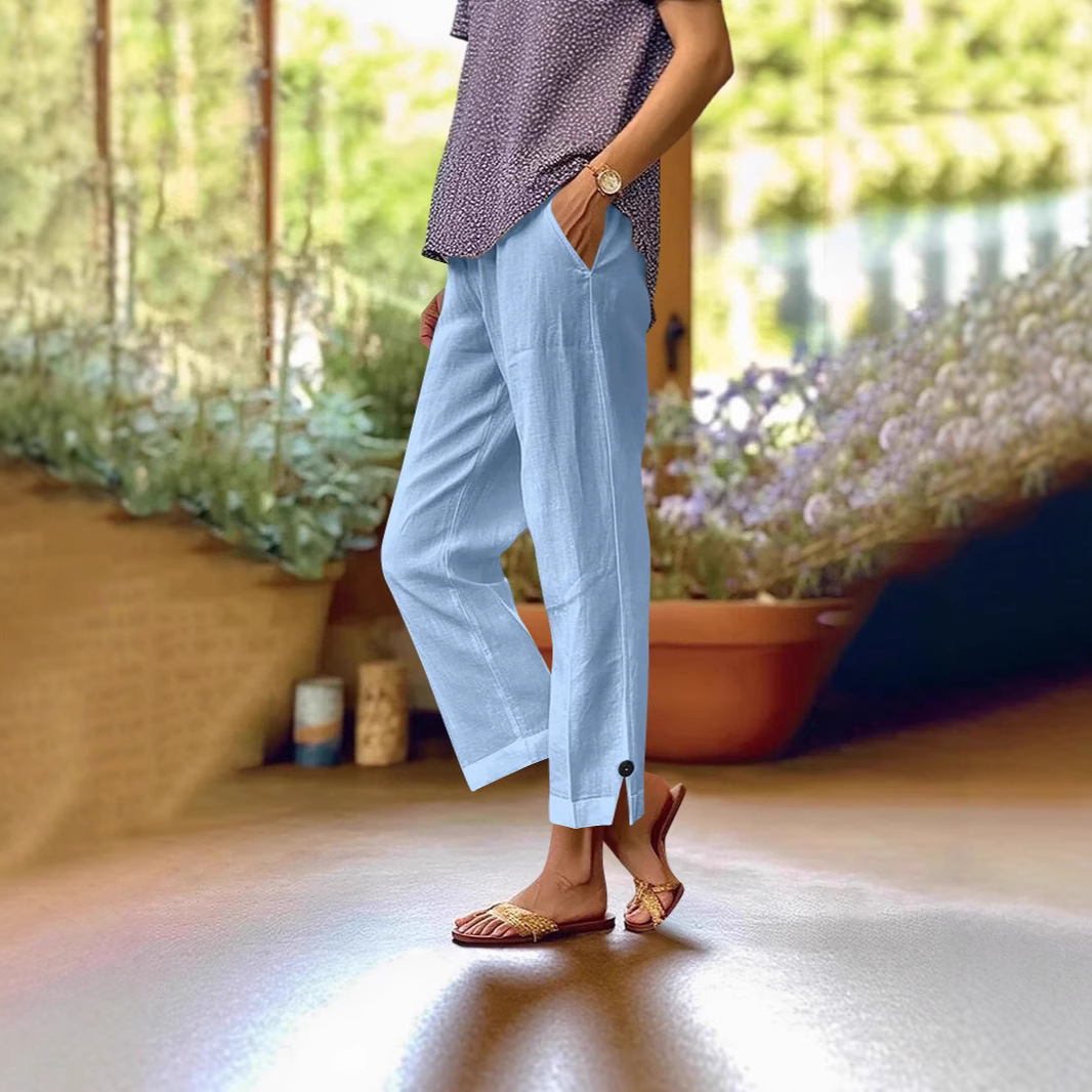 Women's Cotton-Linen Wide-Leg Pants with Elastic Waist and Pockets