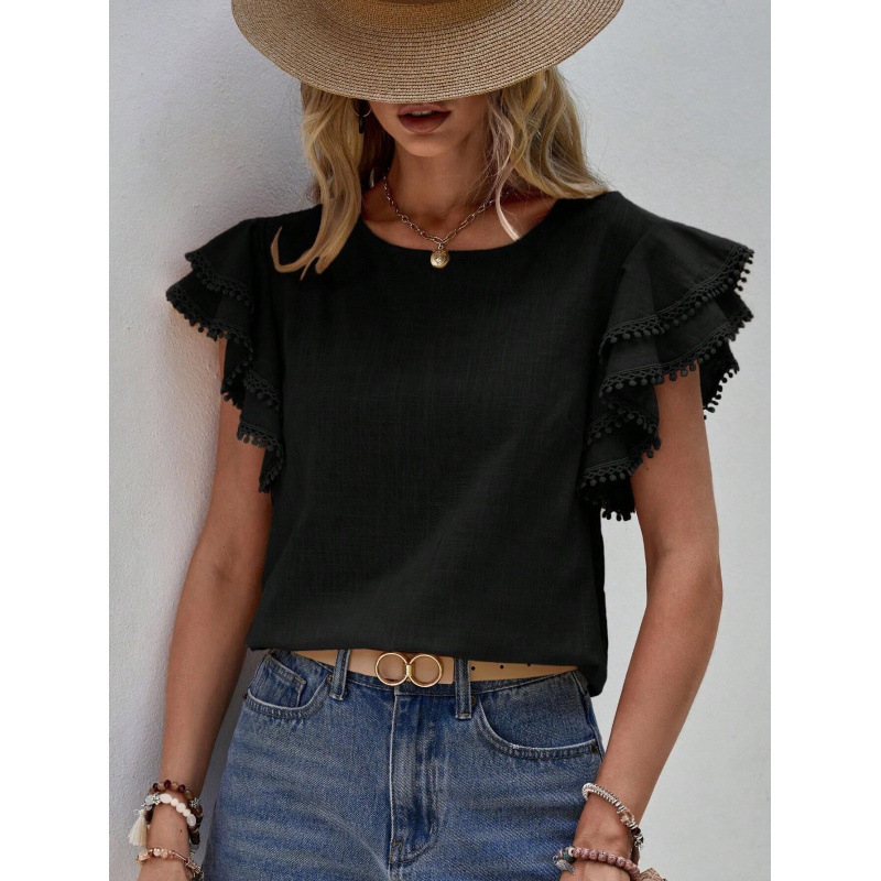 Women's Casual Round Neck Ruffle Sleeve Loose Blouse