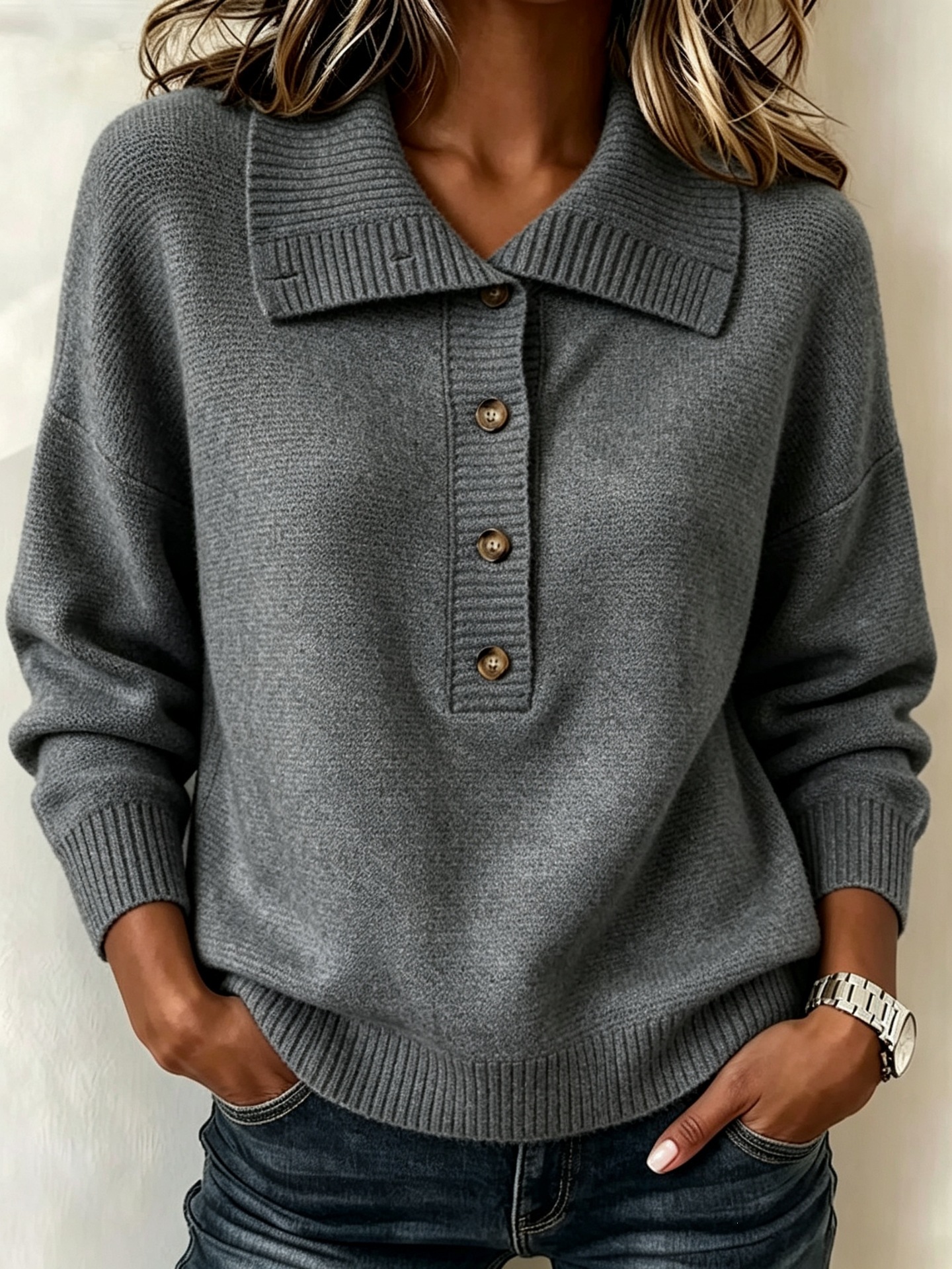 Retro Button Knit Sweater Solid Color Loose Casual Women's Top