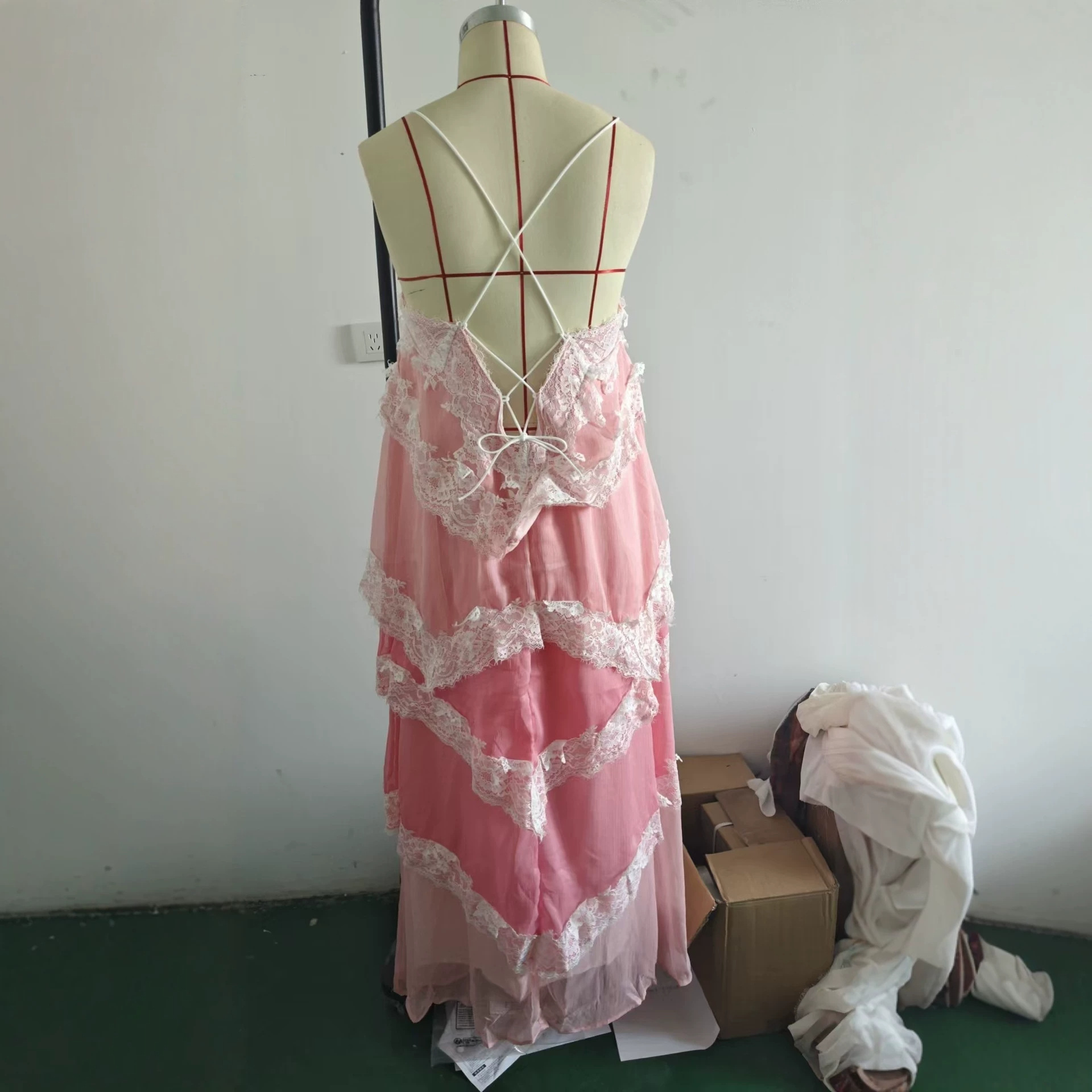 Pink Lace Open-Back Cami Dress Tiered Ruffle Long Vacation Dress