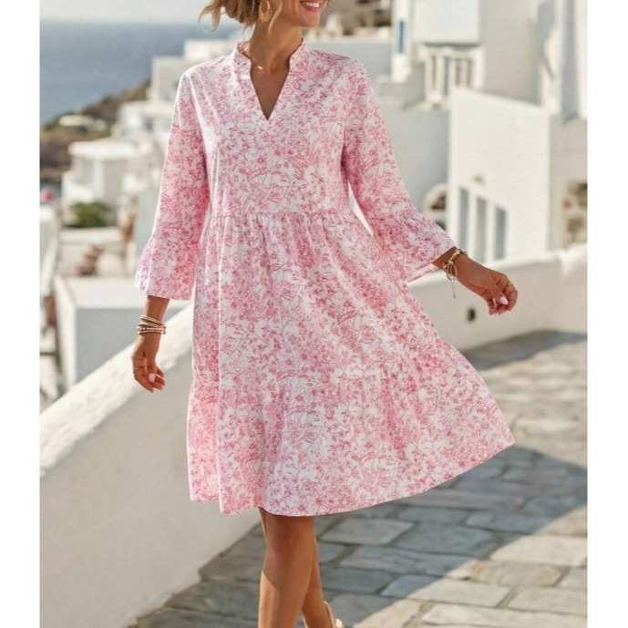 Boho V-Neck Midi Dress Floral Print Bell Sleeve A-Line