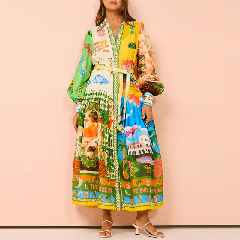 Elegant Printed Tie-Front Collared Long Sleeve A-Line Dress
