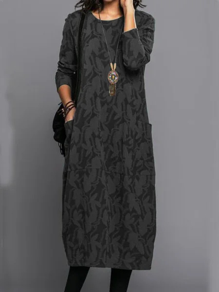Women's Printed Round Neck Long Sleeve Pocket Dress