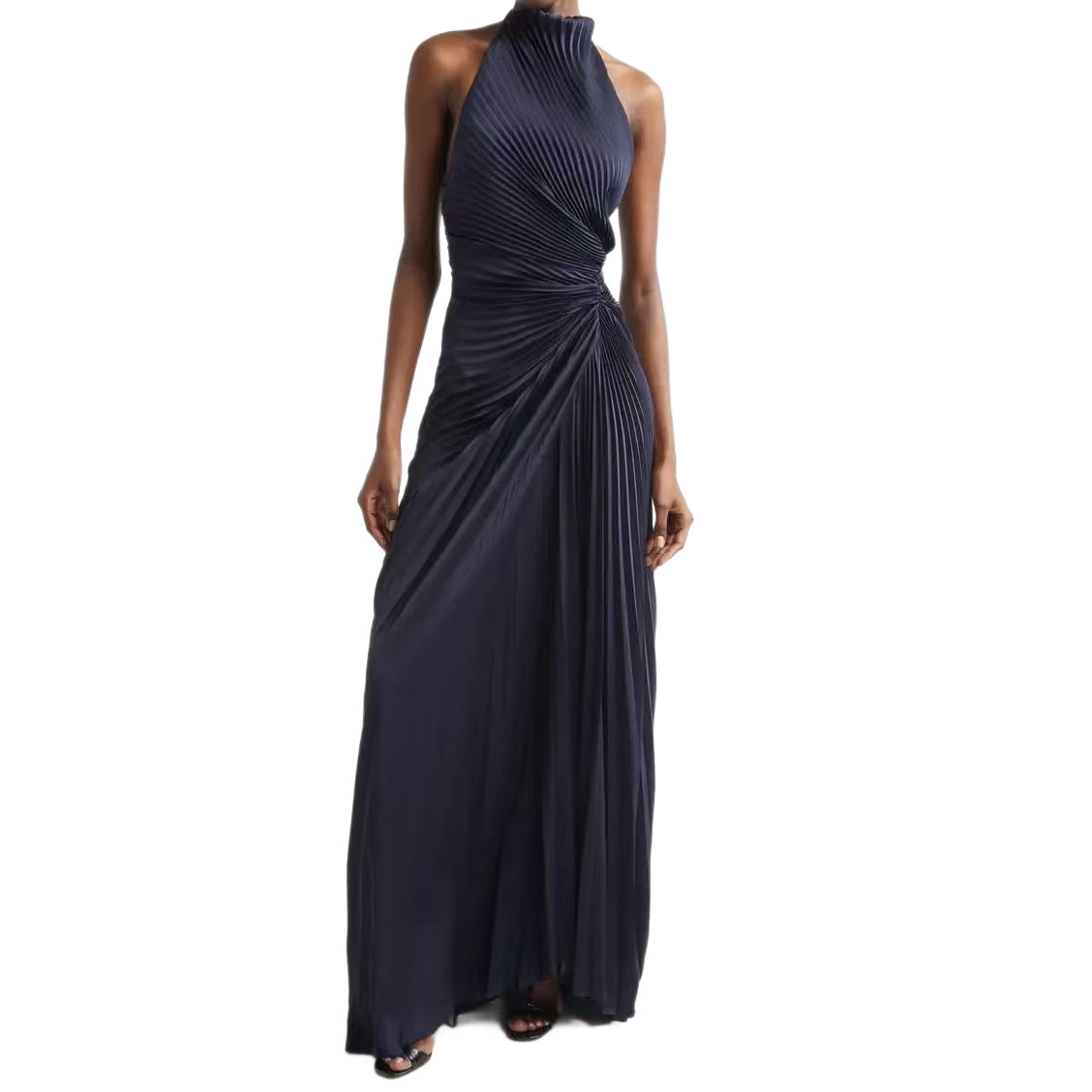 Navy Stand-Collar Halter Pleated Long Dress with Twist-Front Waist