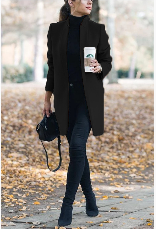 Women's Solid Color Stand Collar Woolen Coat