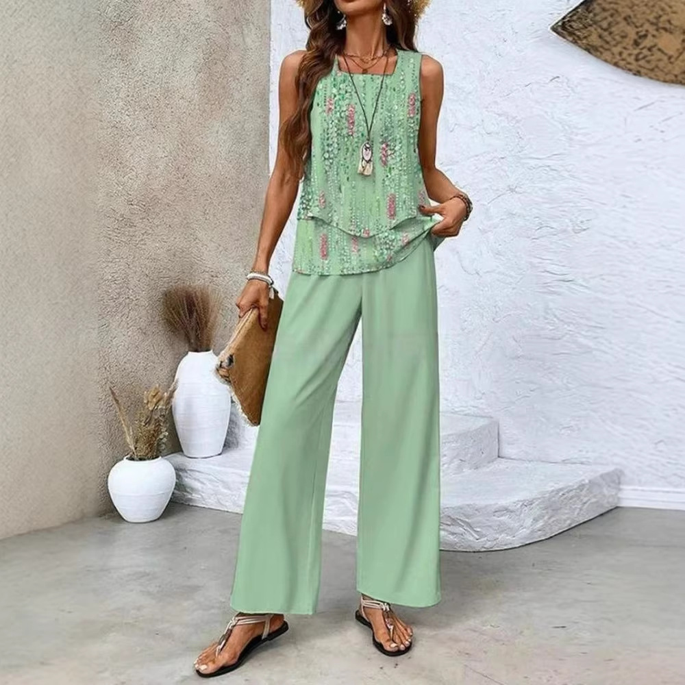 Women's Sleeveless Double-Layer Tank Top Casual Set