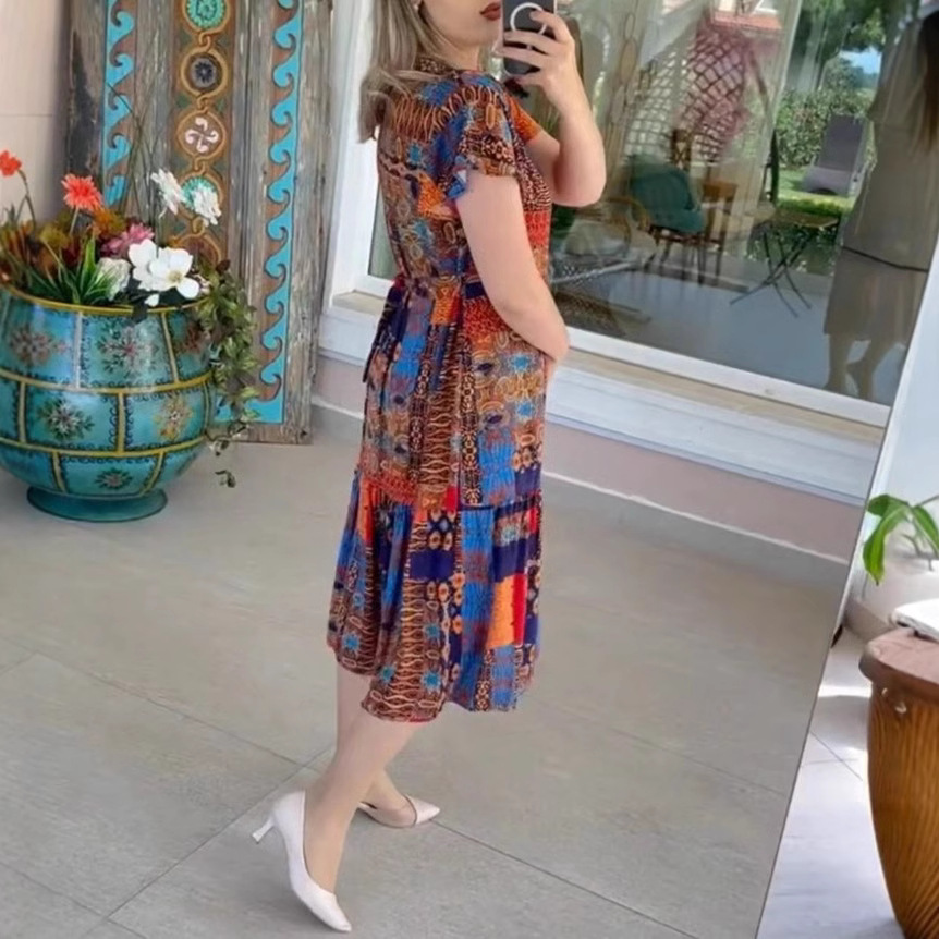 Women's Casual Printed V-Neck Short Sleeve Midi Dress