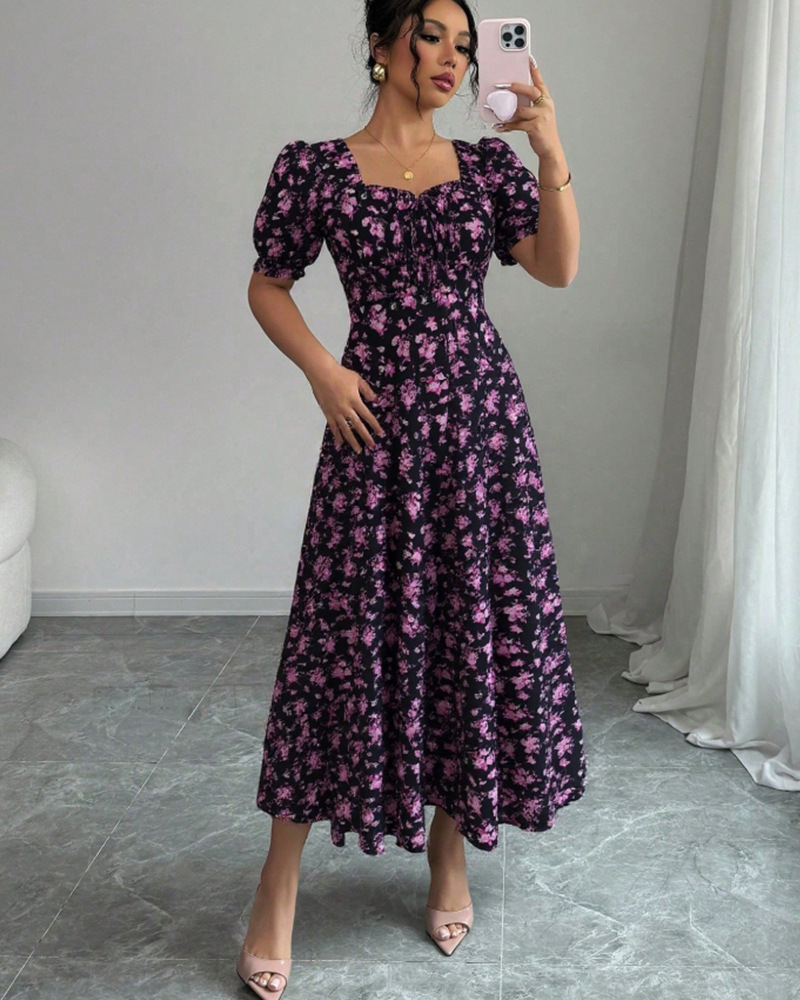 Elegant Short Sleeve Ruffle Dress with U-Neck and Puff Sleeves