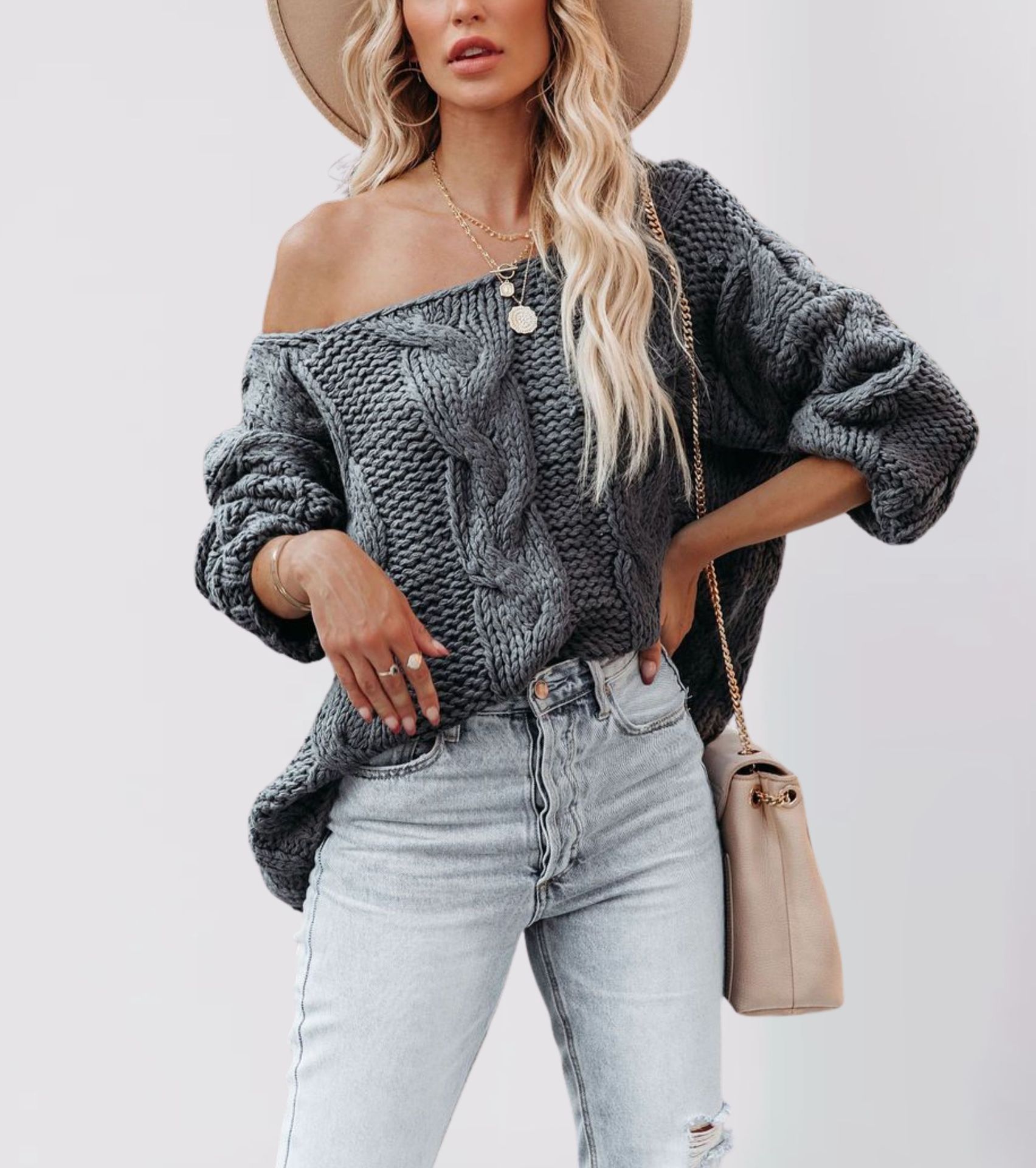 Women's Off-Shoulder Cable Knit Pullover Sweater