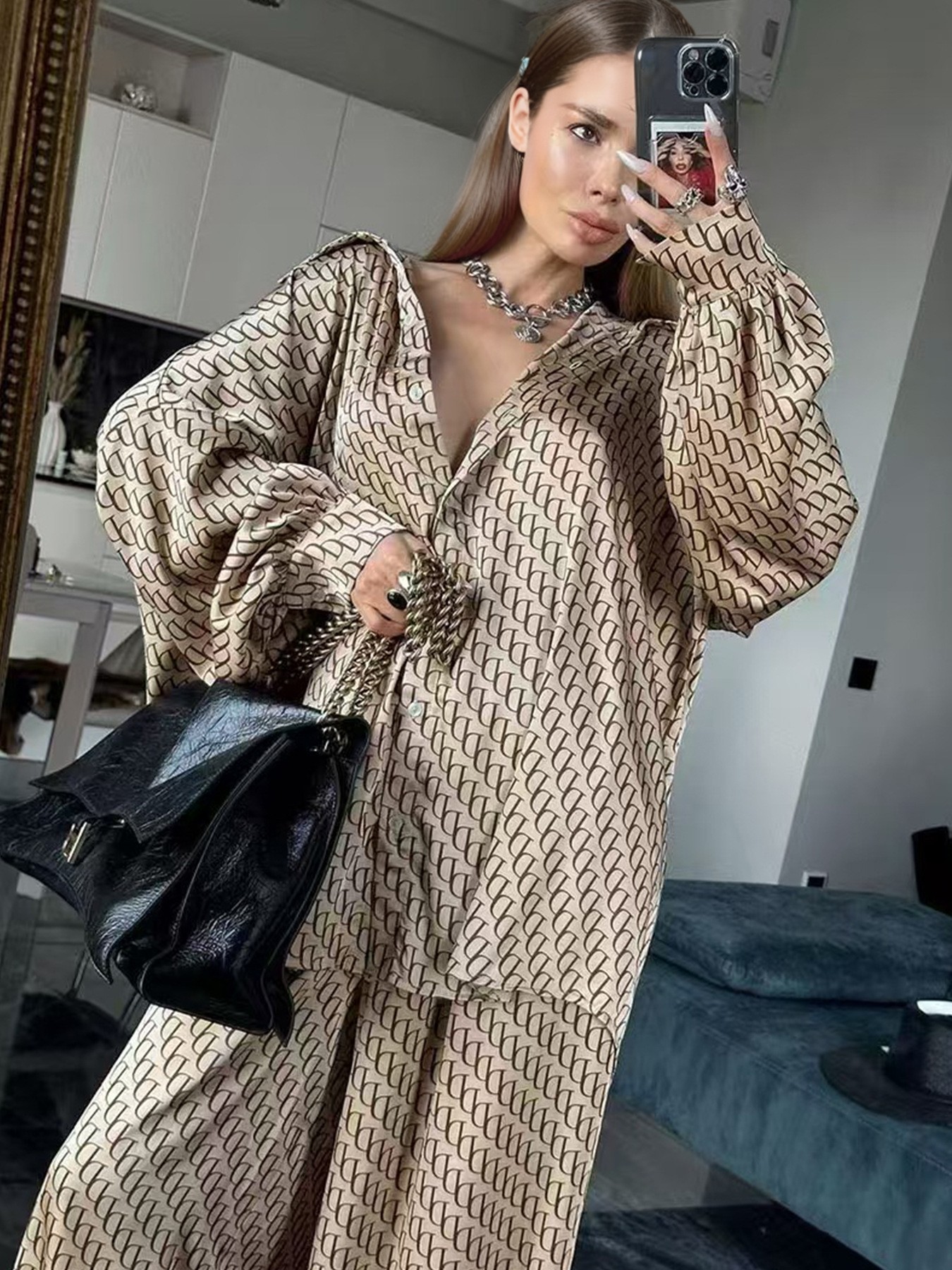 Geometric Print Long Sleeve Top & Pants Set