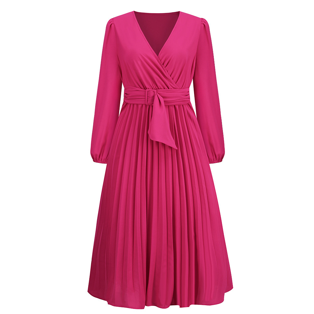 Women's Long Sleeve Pleated Belted V-Neck A-Line Dress