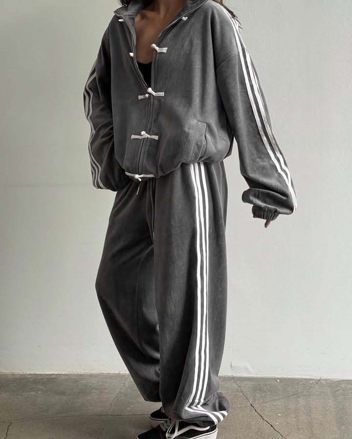 Retro Stand Collar Jacket & Wide-Leg Pants Set with Frog Buttons and Side Stripes