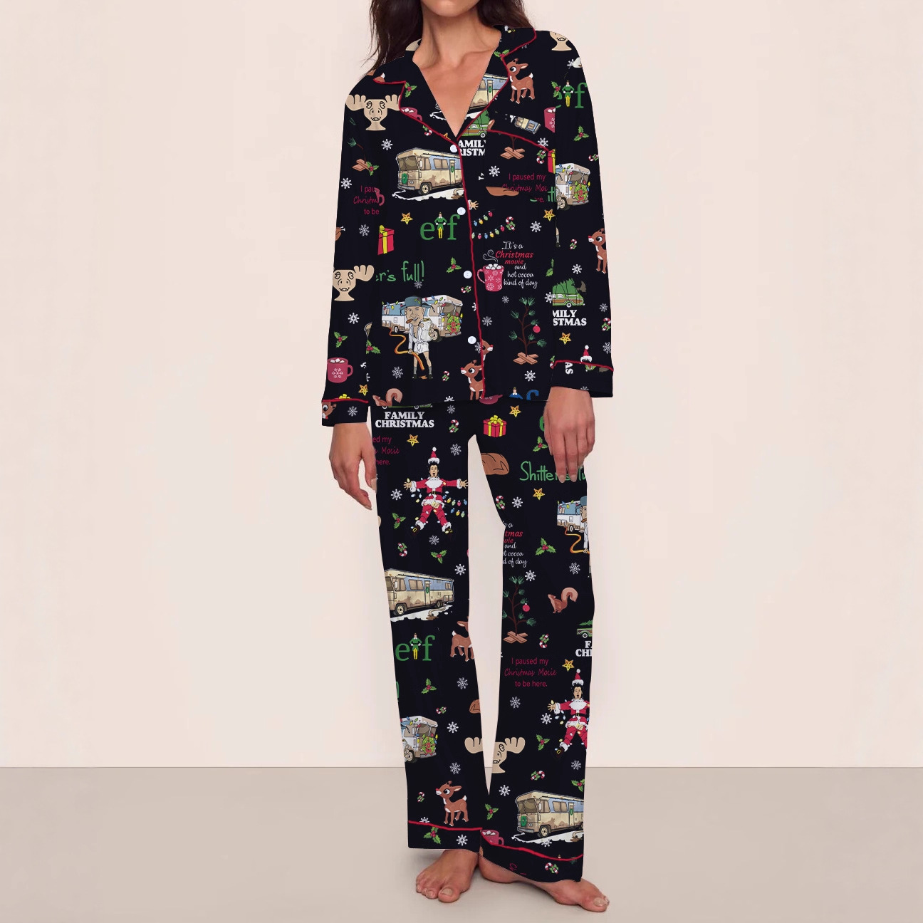 Women's Cuban Collar Tree Ribbon Bus Print Long Sleeve Shirt Set