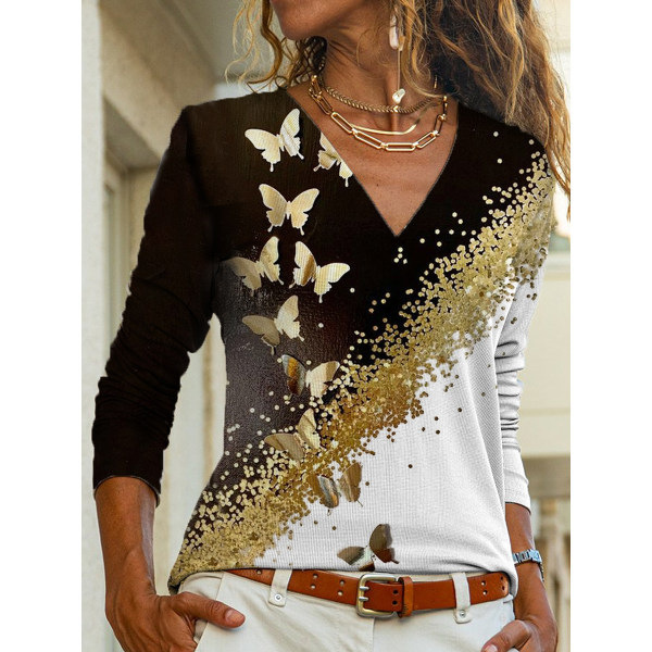Women's V-Neck Floral Print Long-Sleeve T-Shirt Casual Loose Fit