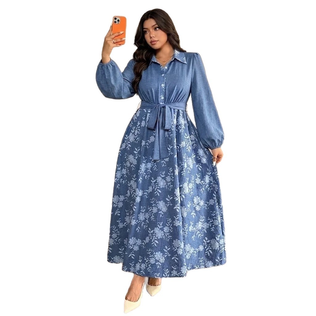 Floral Print Long Sleeve Maxi Dress with Waist Tie and Flared Skirt