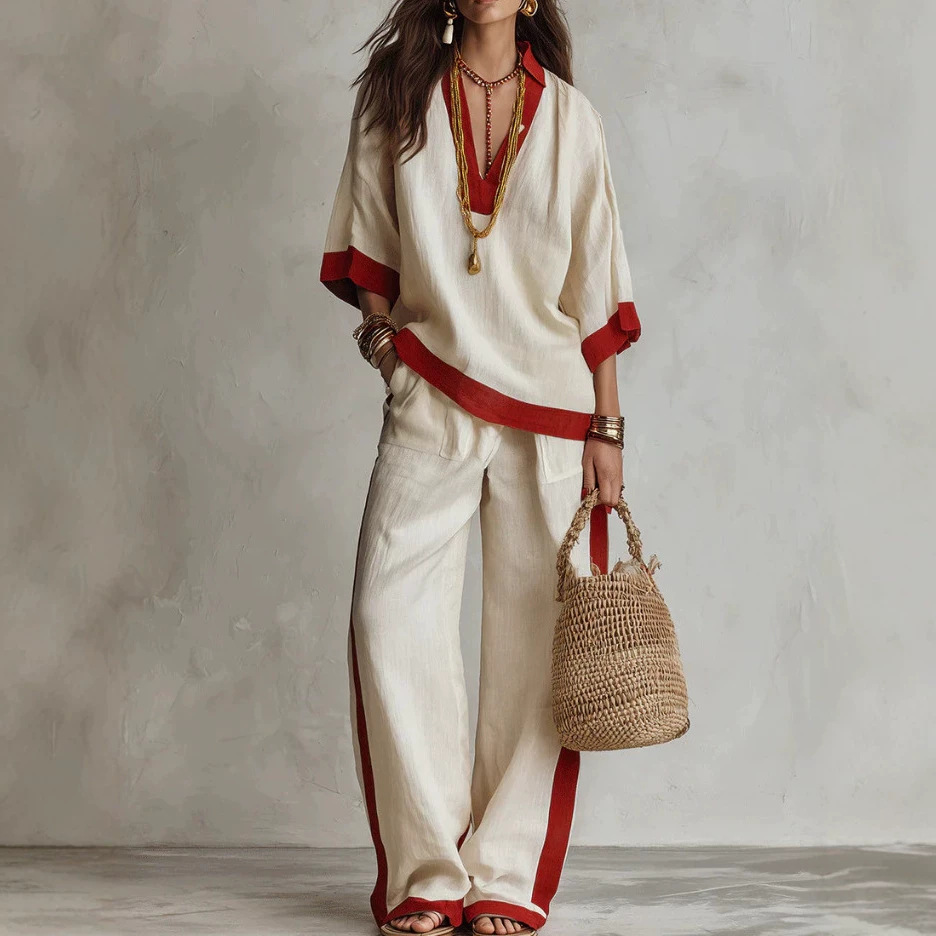 Color-Block Linen Blend Lounge Set – V-Neck Top & Wide-Leg Pants