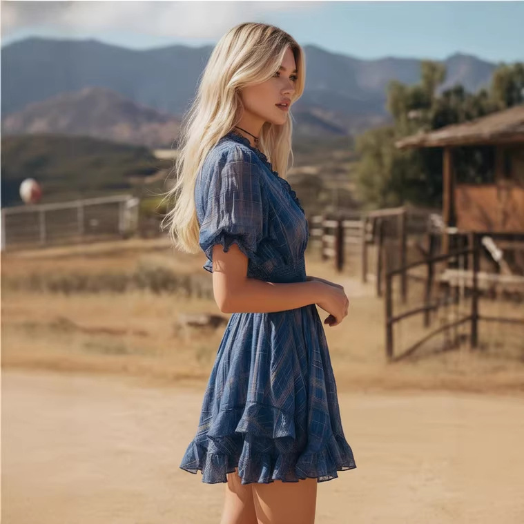 Western Vintage Plaid Blue V-Neck Ruffle Short Sleeve Chiffon Mini Dress
