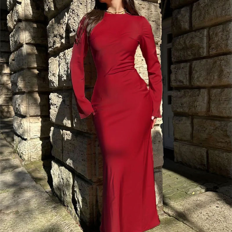 Women's Slim Fit Bodycon Dress with Flared Sleeves and Round Neck