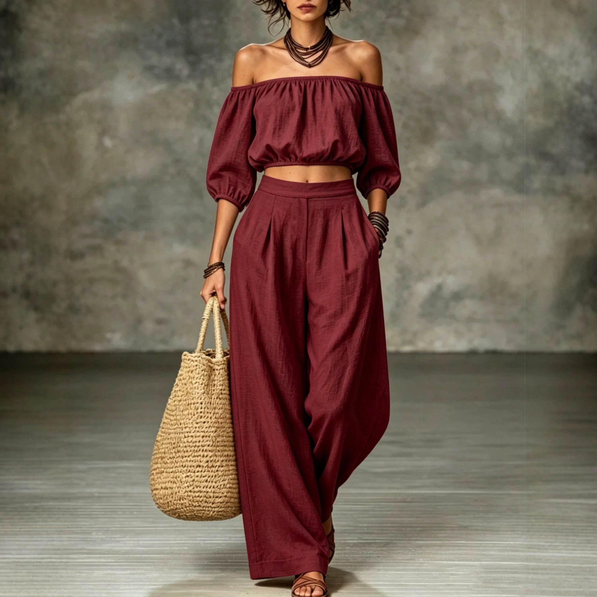Off-Shoulder Lantern Sleeve High-Waist Wide-Leg Two-Piece Set