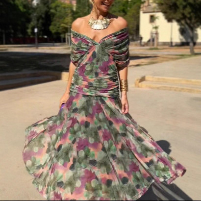 Chiffon Floral Print Off-Shoulder Tube Dress