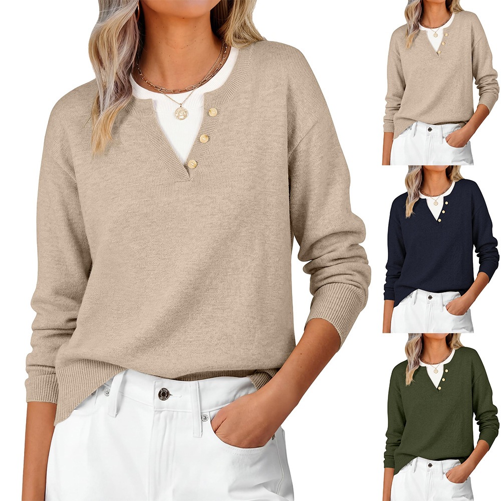 V-Neck Button Colorblock Faux-Layer Sweater