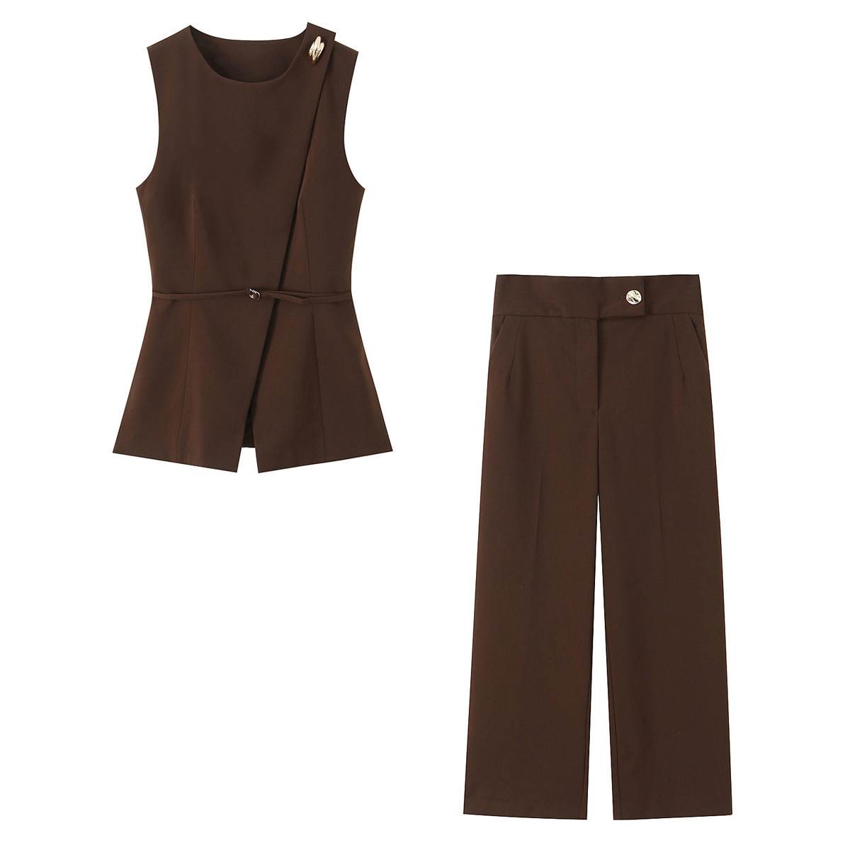 Women's Double-Breasted Vest and High-Waist Straight-Leg Pants Set with Belt