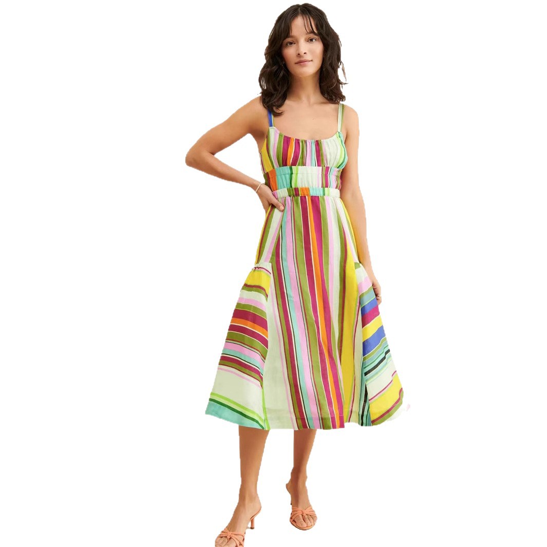 Colorful Striped Backless Tassel Tie Big Swing Cami Dress