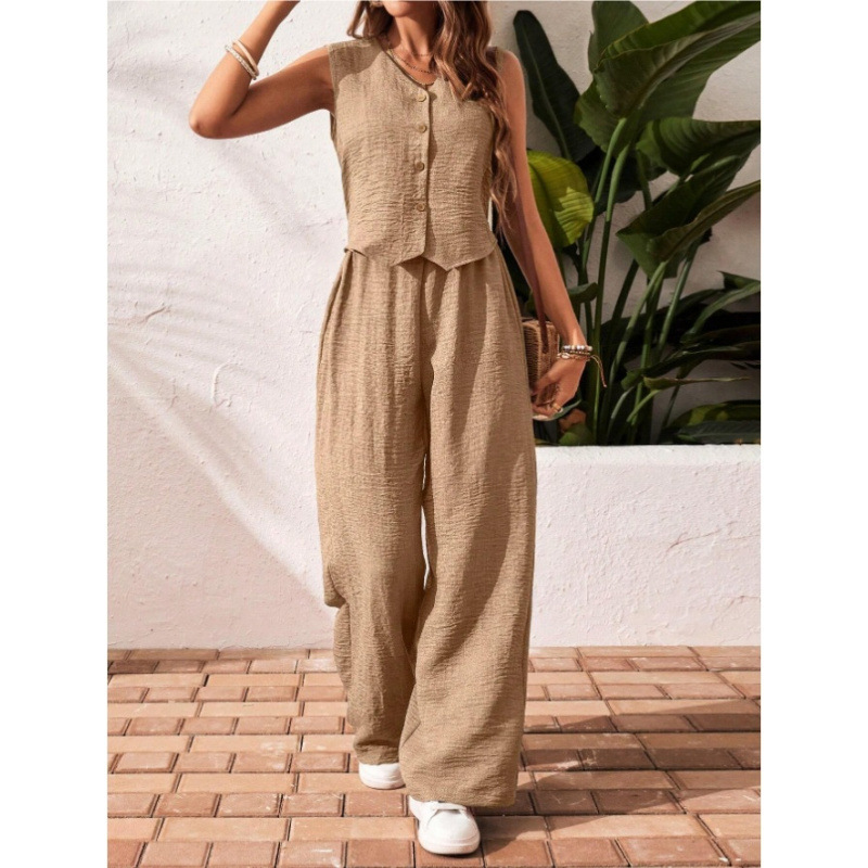 Linen-Blend Button-Front V-Neck Vest and Pants Set