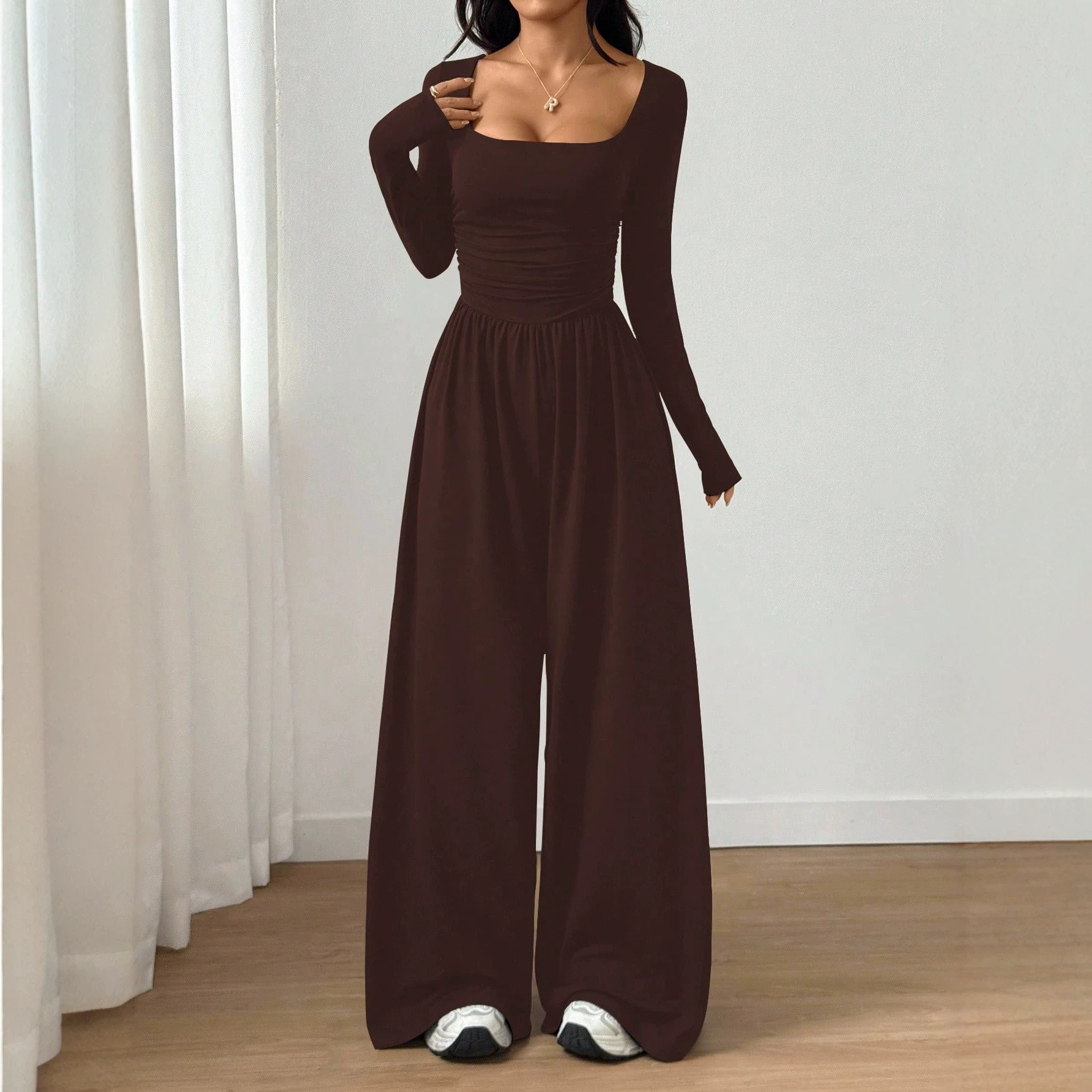 Women's Long Sleeve Square Neck Wide Leg Jumpsuit Solid Color Slimming