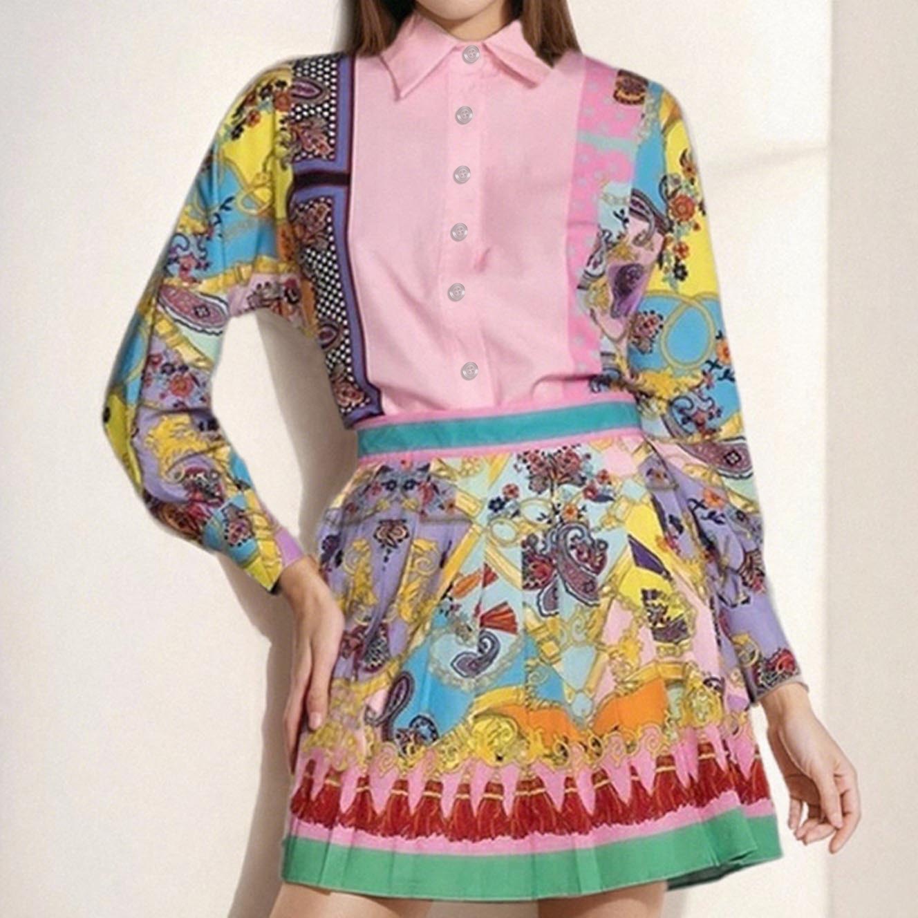 Women's Printed Long-Sleeve Shirt and Pleated Skirt Two-Piece Set
