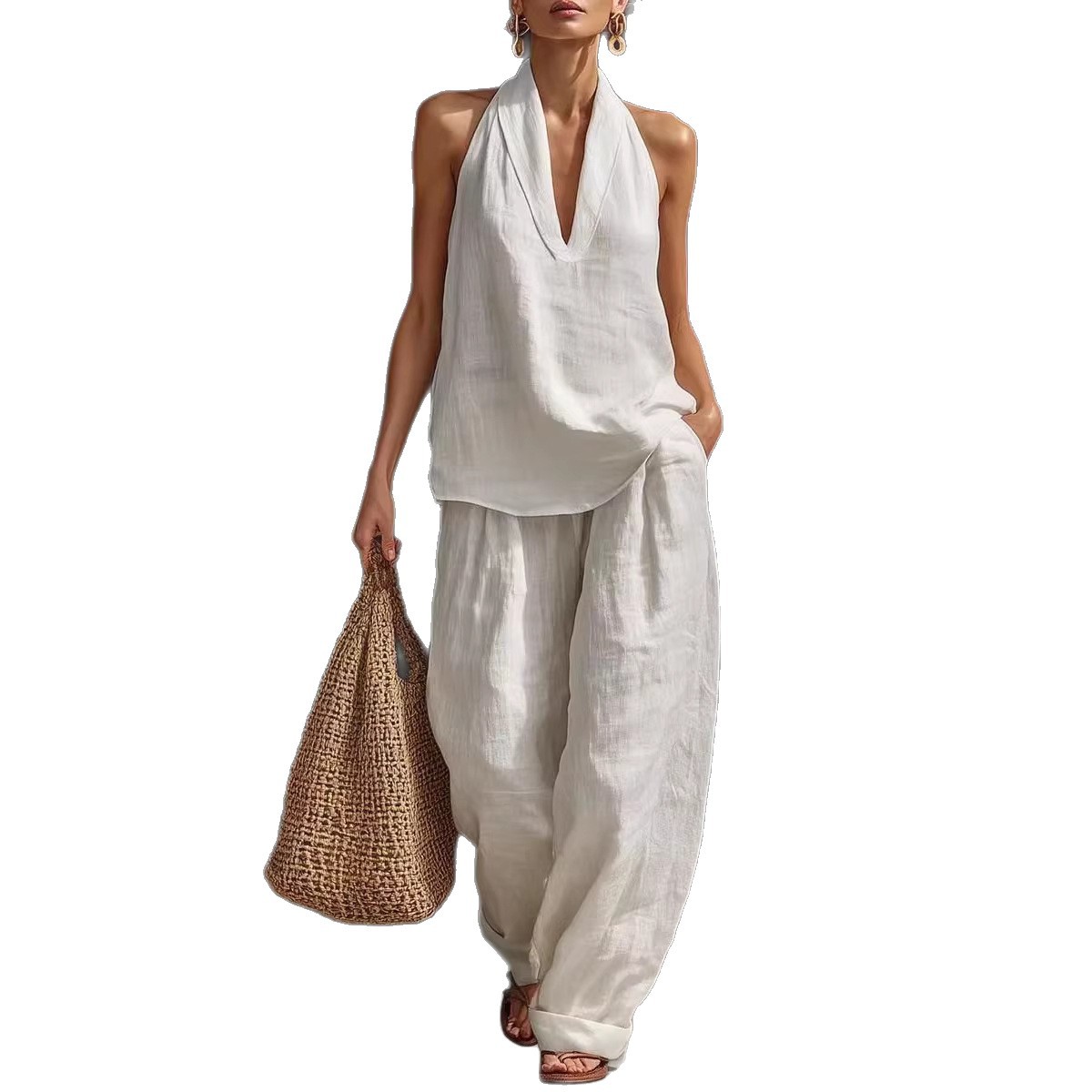 Women's Halter V-Neck Sleeveless Casual Two-Piece Set