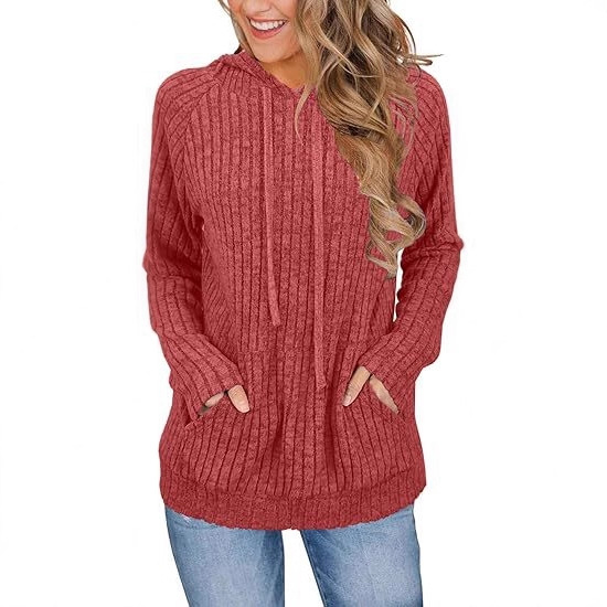 Ribbed Knit Hooded Pullover Sweatshirt with Pockets for Women